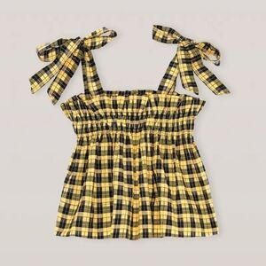 Ganni Seersucker Checker Top In Amber